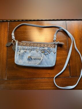 Denim Crossbody Bag with Stud Accent - Light Blue